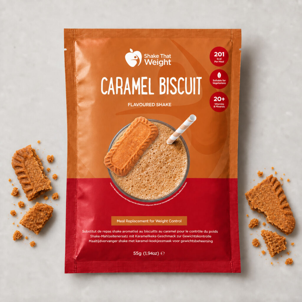 Shake That Weight caramel biscuit flavoured meal replacement shake sachet, 55g, 201 kcal per meal
