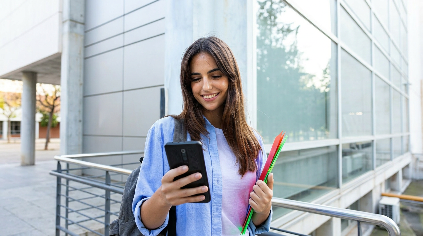A woman smiling at her phone as she walks outside